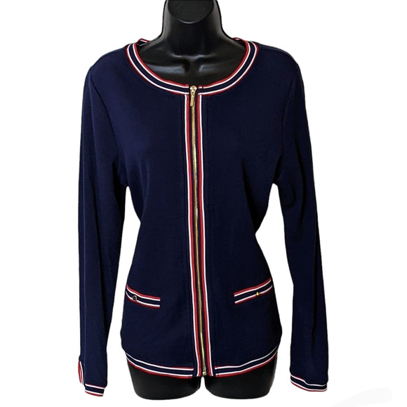 Kathy Daniels Nautical Red White Navy Knit Zip Top Size S NWT - Picture 1 of 8